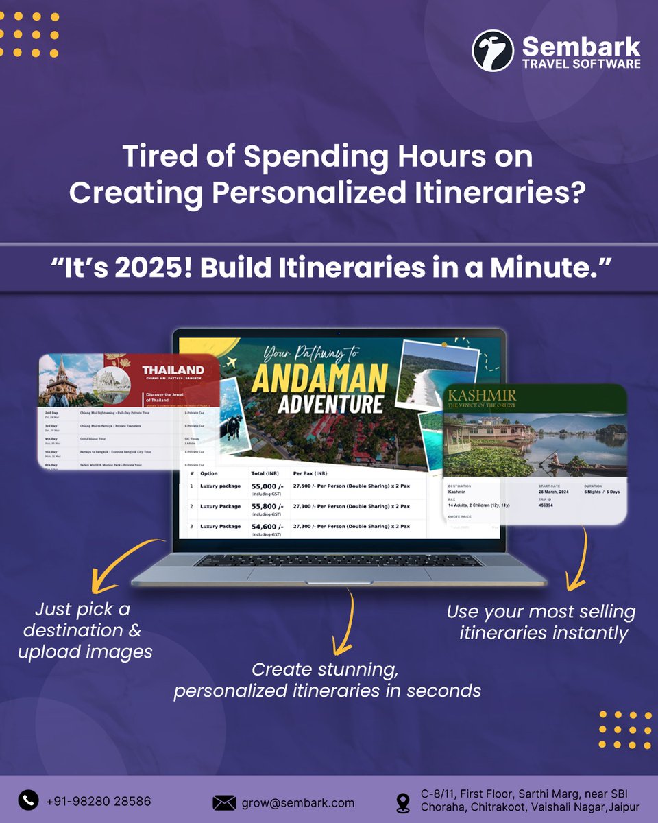 SembarkTech's tweet photo. Does making #itineraries feel like writing a novelβ¦β¦
Endless typing, backspacing, copy-pasting, and still not done?
Well⦠not for 810+ DMCs who work with #SEMBARK. They make it in a minute.
π· Want to know more? Follow us today
#travel #tech #travelindustry https://t.co/v13nFAbO4C