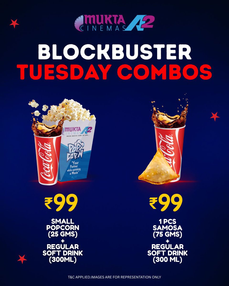 MuktaA2Cinemas's tweet photo. Blockbuster Tuesdays just got tastier!
Grab your favourite combo — Popcorn + Drink or Samosa + Drink — all for just ₹99 at MuktaA2 Cinemas!
Khaate peete dekhna ab aur bhi mazedaar hai!
#BlockbusterTuesdays #MovieSnacks #MuktaA2Cinemas #FoodUnder99 #CinemaSnacking #BingeAndMunch https://t.co/3FzKTivlvr