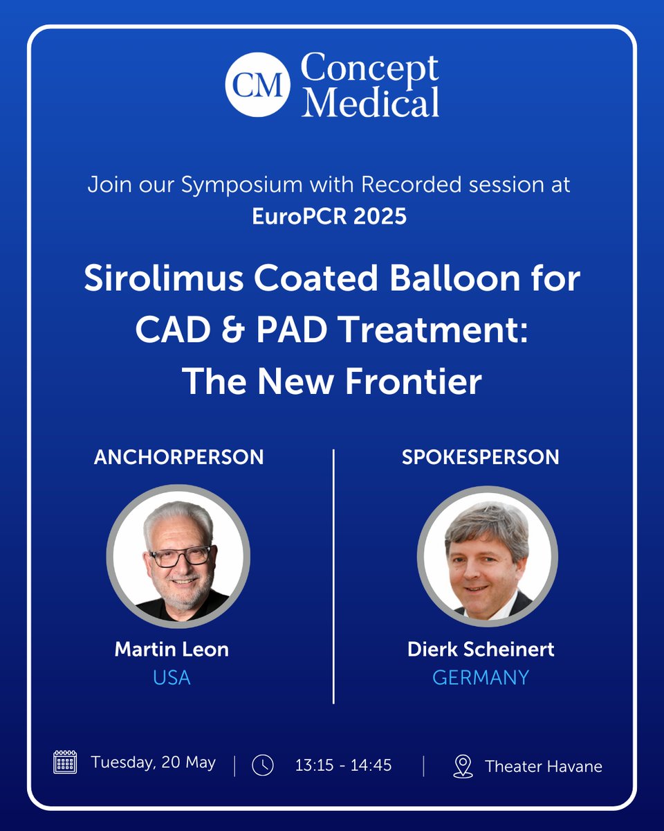 Happening Today at #EuroPCR2025.
Join our Symposium: Sirolimus Coated Balloon for CAD &amp; PAD – The New Frontier with Anchorperson Martin Leon &amp; Spokesperson Dierk Scheinert.
🗓️ 20 May | 🕐 13:15–14:45 📍 Theater Havane
#InterventionalCardiology
#Cardiology 
#DrugCoatedBalloon
