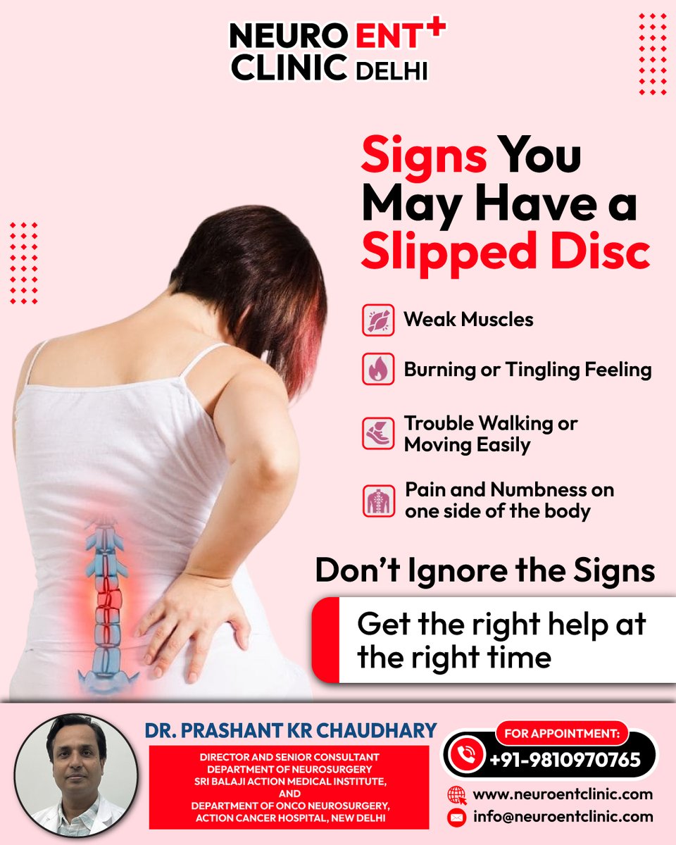 Neuroent_Clinic's tweet photo. 💥 **Signs You May Have a Slipped Disc – Don’t Ignore the Pain!** 💥
#SlippedDisc #SpineCare #NeuroENTClinic #DrPrashantKumarChaudhary #BrainAndSpineCare #VertigoLab #AudiologyLab #NeurophysiologyLab #RehabCounselling #BackPainRelief #SpineHealth #MinimallyInvasiveSurgery https://t.co/mV38ZvHKiy