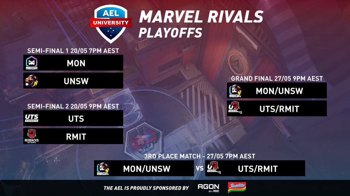 Australian Esports League (@auesportsleague) on Twitter photo Playoffs begin TONIGHT for Marvel Rivals in the AEL University Elite Series!
π΄ Live from 6:45PM AEST
πΊ twitch.tv/auesportsleague
ποΈ <a href="/Mattse123/">MattSe</a> & <a href="/Emperor_zK/">Emperor_zK</a>
πΉοΈ <a href="/TwoTapTony/">Tony</a>
π¬ <a href="/BkWhatOCE/">Bk</a>
Match Schedule
7PM <a href="/MonashEGA/">MonashEGA</a> vs <a href="/UNSW_ESports/">UNSW ESports Club</a>
9PM <a href="/UTSEsports/">UTS Esports</a> vs <a href="/RMITesports/">RMIT Esports & Games</a>
The AEL Playoffs begin TONIGHT for Marvel Rivals in the AEL University Elite Series!
π΄ Live from 6:45PM AEST
πΊ twitch.tv/auesportsleague
ποΈ <a href="/Mattse123/">MattSe</a> & <a href="/Emperor_zK/">Emperor_zK</a>
πΉοΈ <a href="/TwoTapTony/">Tony</a>
π¬ <a href="/BkWhatOCE/">Bk</a>
Match Schedule
7PM <a href="/MonashEGA/">MonashEGA</a> vs <a href="/UNSW_ESports/">UNSW ESports Club</a>
9PM <a href="/UTSEsports/">UTS Esports</a> vs <a href="/RMITesports/">RMIT Esports & Games</a>
The AEL