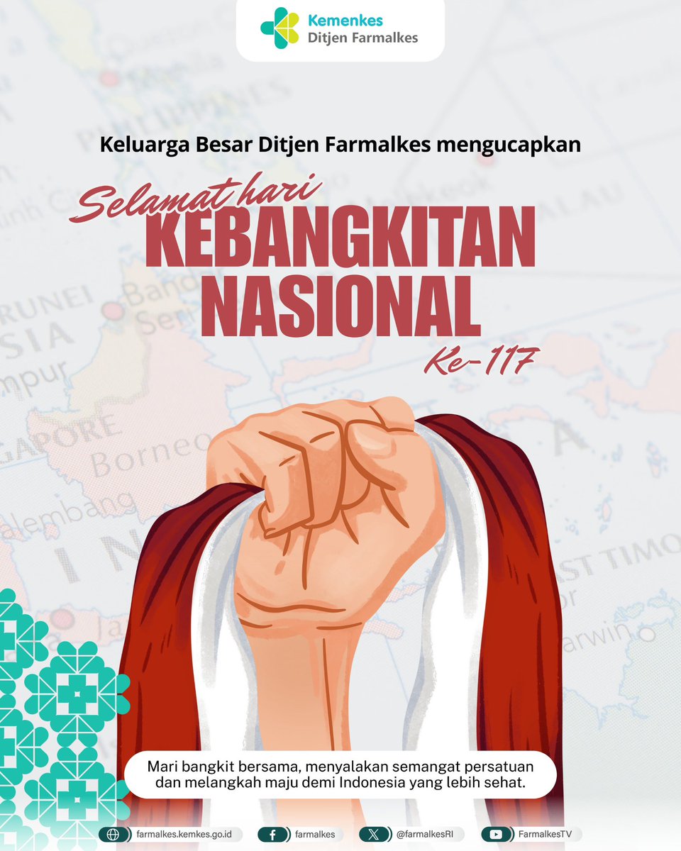 Segenap keluarga besar Ditjen Farmasi dan Alat Kesehatan mengucapkan: 

Selamat Hari Kebangkitan Nasional ke-117.

Mari bangkit bersama, menyalakan semangat persatuan dan melangkah maju demi Indonesia yang lebih sehat.
Salam Sehat!
#Farmalkes #KemenkesRI #HariKebangkitanNasional