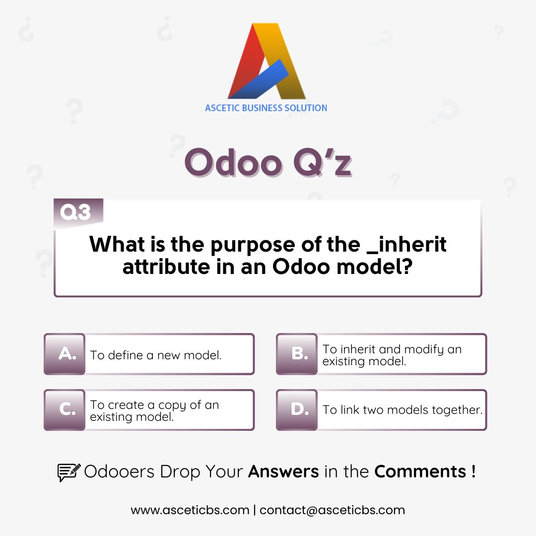 AsceticBs's tweet photo. 🧠 Odoo Q’z Time!

Put your #Odoo knowledge to the test! 🚀

💬 Odooers, drop your answers in the comments below!

🔁 Stay tuned every week for more dev brain teasers!

#OdooQuiz
#OdooDevelopment
#ERPChallenge
#AsceticBusinessSolution
#OdooCommunity
#DeveloperFun https://t.co/DCYL2ldHmN
