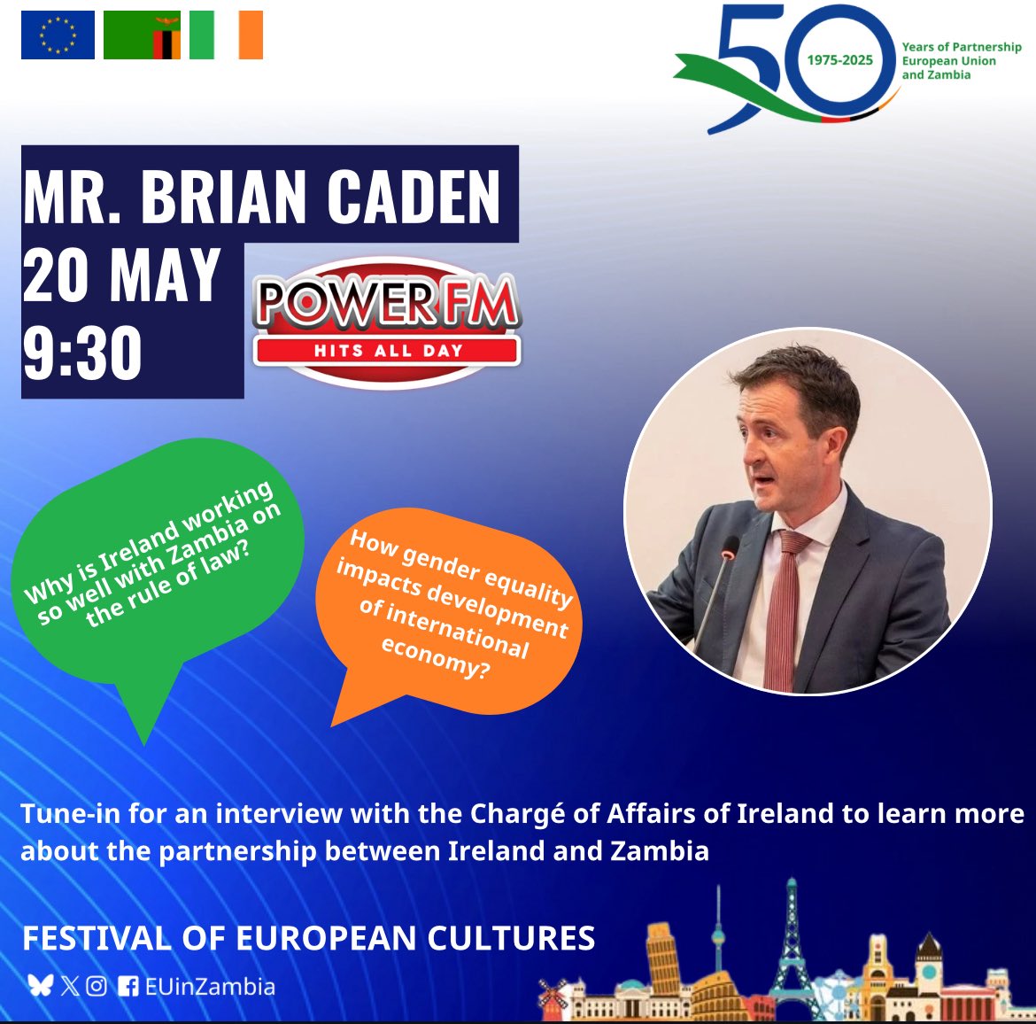 Irish Embassy Lusaka (@irelandinzambia) on Twitter photo Tune in to <a href="/PowerFMZambia/">Power FM Zambia</a> today at 09:30 for a chat with Deputy Head of Mission Mr. Brian Caden ahead of tomorrow’s 🎬screening of ‘Mrs. Robinson’ at Alliance Française de Lusaka (18:30) — part of the EU Festival of Culture ! 🇪🇺 🇮🇪 Tune in to <a href="/PowerFMZambia/">Power FM Zambia</a> today at 09:30 for a chat with Deputy Head of Mission Mr. Brian Caden ahead of tomorrow’s 🎬screening of ‘Mrs. Robinson’ at Alliance Française de Lusaka (18:30) — part of the EU Festival of Culture ! 🇪🇺 🇮🇪