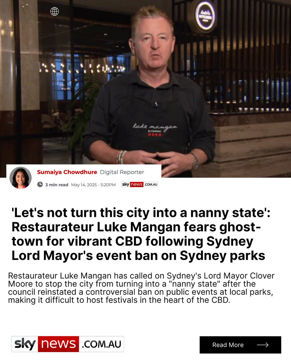 Big thanks to <a href="/SkyNewsAust/">Sky News Australia</a> . I’m passionate about bringing life back into Sydney’s CBD - but it’s becoming harder when decisions like banning events in public parks are being made.

Let’s not turn Sydney into a nanny state. 
Let’s get people out, enjoying the city again.