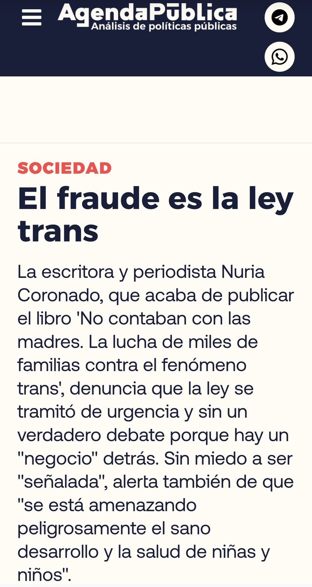 Nuria Coronado (@nuriacsopena) on Twitter photo ❌La Ley Trans es la ley de la opresión. Es un fraude. Un "todo vale" con tal de que los derechos de las mujeres, la infancia y de la sociedad, no valgan nada.
Escribo para <a href="/a_publica/">Agenda Pública</a>
Gracias <a href="/piniodista/">Rodrigo Pinedo</a> por la oportunidad.
agendapublica.es/noticia/19852/… ❌La Ley Trans es la ley de la opresión. Es un fraude. Un "todo vale" con tal de que los derechos de las mujeres, la infancia y de la sociedad, no valgan nada.
Escribo para <a href="/a_publica/">Agenda Pública</a>
Gracias <a href="/piniodista/">Rodrigo Pinedo</a> por la oportunidad.
agendapublica.es/noticia/19852/…
