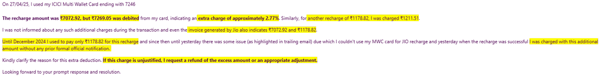 AnkitAg23814030's tweet photo. @JioCare @reliancejio @jagograhakjago I was overcharged by 2.77% while recharging for #JioFiber without any intimation or any detail in invoice. Plz check the attached email &amp; refund the unauthorised amount at the earliest
#jio #JioHotstar https://t.co/QbWrvd6Xqk