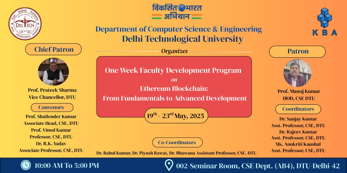 kbaiiitmk's tweet photo. One-week FDP/STC on #Ethereum Blockchain (Fundamentals to Advanced) kicked off at @DELHITECHNOLOG1 !🚀
Grateful to DTU & Prof. Manoj Kumar. 🙏
#blockchain #ethereumblockchain #fdp #stc #dtu #kba #web3 #solidity #dapp #crypto #metamask #innovation #workshop #offlinetraining https://t.co/9QiLD3Zn6B