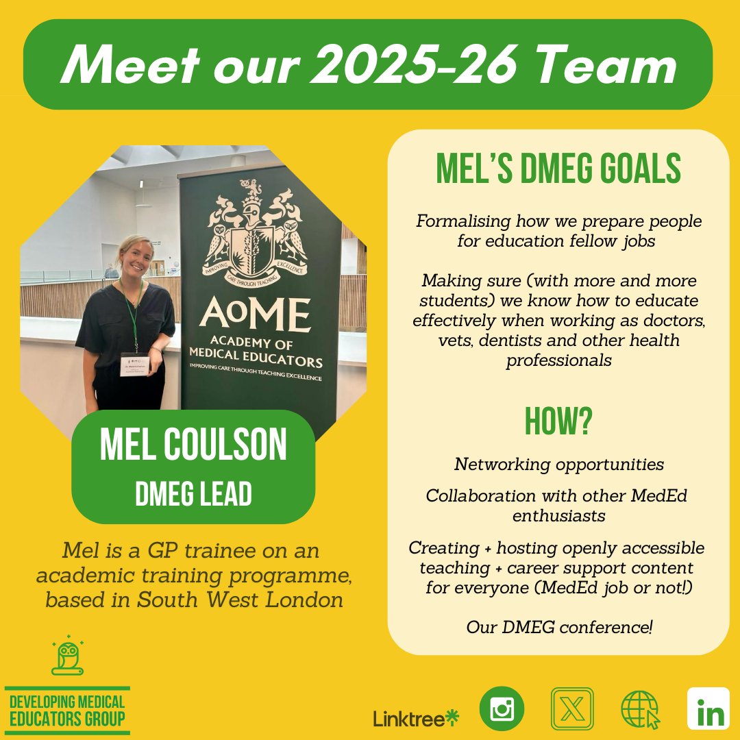 Developing Medical Educators Group (DMEG) (@devmeded) on Twitter photo π HI FROM OUR 2025-26 TEAM π
First up:
It's our brand new DMEG Lead - Melπ₯³
She's excited to lead <a href="/DevMedEd/">Developing Medical Educators Group (DMEG)</a> this year + find new ways to support developing educators in the UK + further afield!
#MedEd #ClinEd #HCSEd #VetEd #DentalEd π HI FROM OUR 2025-26 TEAM π
First up:
It's our brand new DMEG Lead - Melπ₯³
She's excited to lead <a href="/DevMedEd/">Developing Medical Educators Group (DMEG)</a> this year + find new ways to support developing educators in the UK + further afield!
#MedEd #ClinEd #HCSEd #VetEd #DentalEd