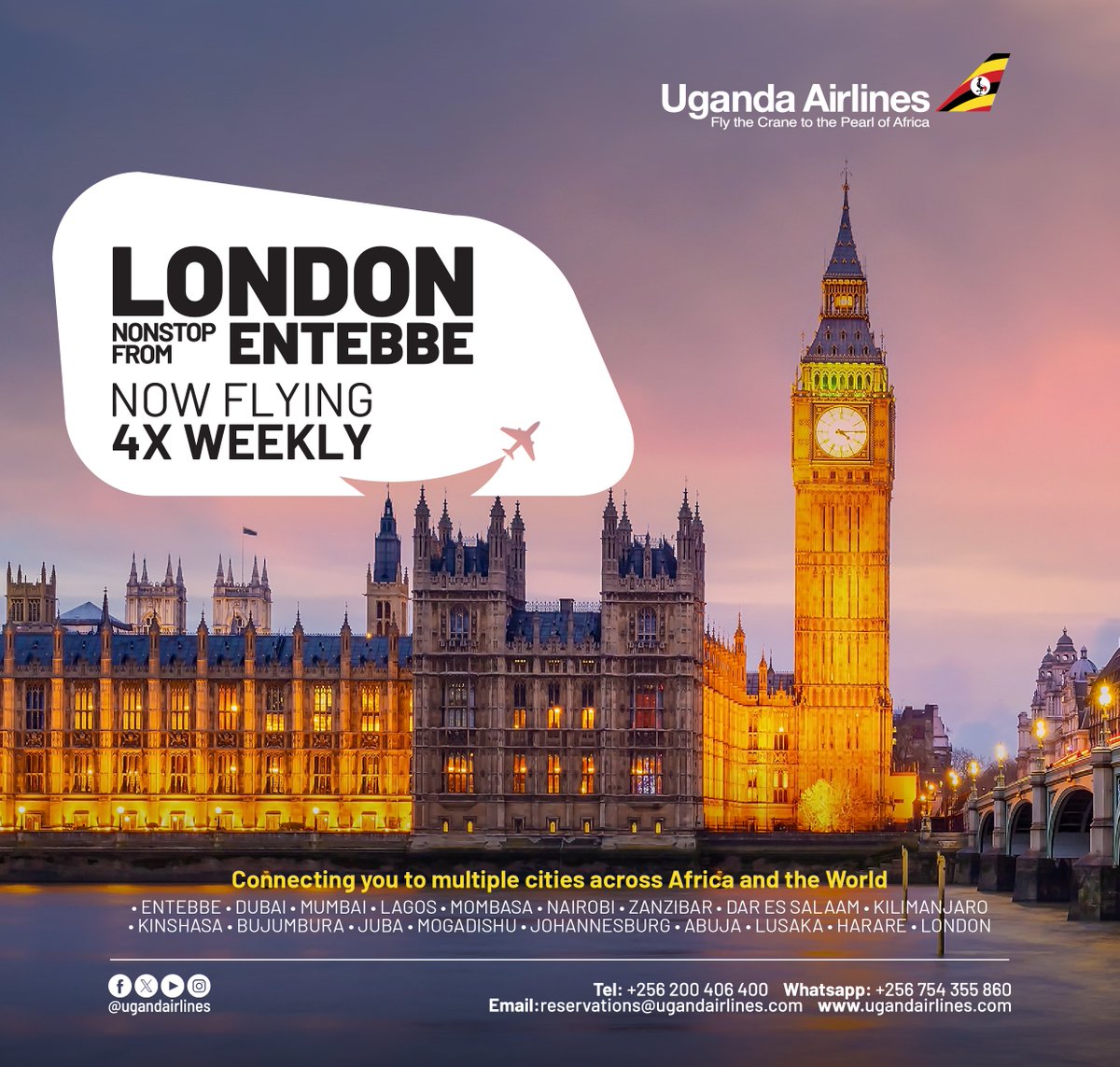 UG_Airlines's tweet photo. Experience the vibrant, multicultural city of London 🇬🇧 with our 4X weekly direct flights! ✈️ Fly every Sunday, Monday, Tuesday, and Friday to explore its diverse markets.

Book now at https://t.co/PmWcUTAg5n 

#FlyUgandaAirlines #LondonWeAreHere https://t.co/tQmIKhFvY6