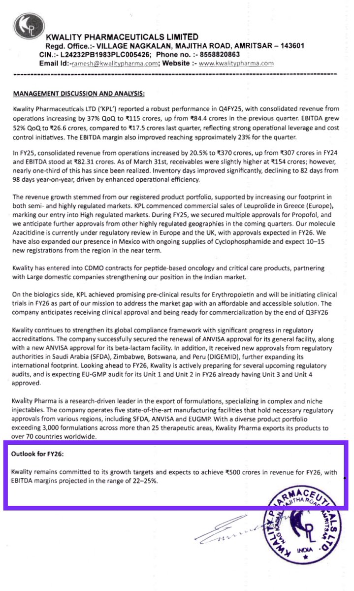 RakeshB41201077's tweet image. #KWALITY PHARMA has guided for 500 crore revenue in 2026 with expected EBITDA margin in the range of 22-25% 

FY 25 revenue was 370 crore implying a 35% growth in Top line with some possible margin expansion.