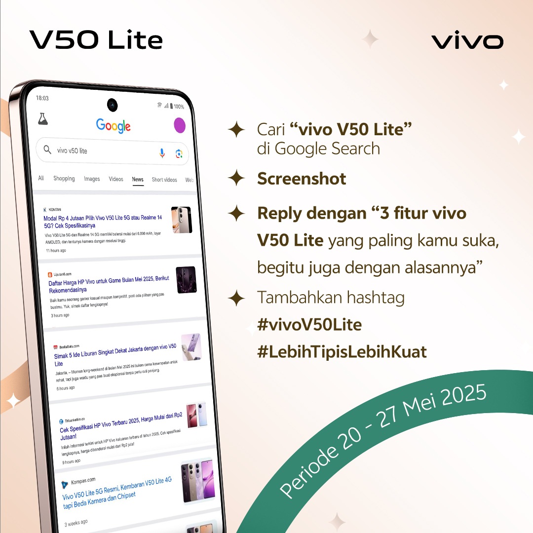 Cukup search, screenshot, dan reply! Dapatkan hadiah total e-wallet Rp1.250.000! Yuk ikutan dan menangkan, vivolks! ✨

Ditunggu sampai tanggal 27 Mei ya, vivolks!