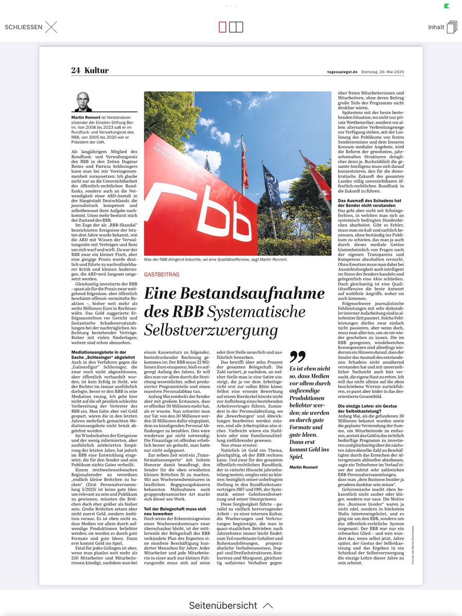Ganz hervorragender Artikel über den #rbb eines ehemaligen Rundfunkratsmitglieds. Statt jetzt übereilt Stress zu machen, sollte man lieber ins Programm investieren, und den Personalbestand per Verrentung abschmelzen. Zumal im Herbst evtl. noch eine Gebührenerhöhung vom BVG winkt.