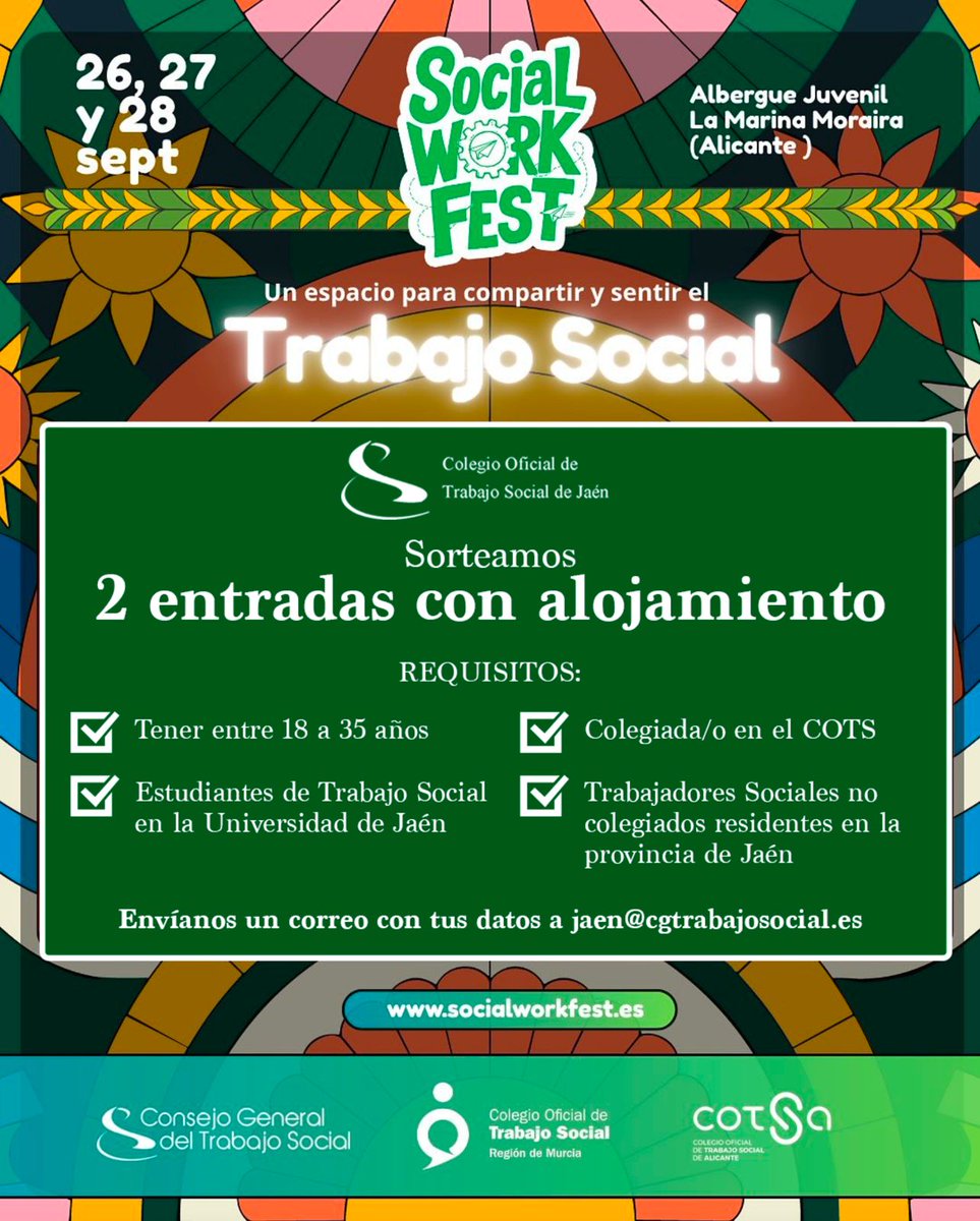 COTS Jaén (@cotsja) on Twitter photo 🎉 ¡SORTEO !
Desde el COTS Jaén sorteamos 2 ENTRADAS CON ALOJAMIENTO para el primer #SocialWorkFest 🏕️🎶
📍 26, 27 y 28 de septiembre en Moraira (Alicante)
Un festival único para jóvenes del Trabajo Social entre 18 y 35 años 💬🌍
<a href="/cgtrabajosocial/">CGTrabajoSocial</a> con <a href="/COTSAlacant/">COTSA - Alicante / Alacant</a> y <a href="/COTS_Murcia/">Trabajo Social Murcia</a> 🎉 ¡SORTEO !
Desde el COTS Jaén sorteamos 2 ENTRADAS CON ALOJAMIENTO para el primer #SocialWorkFest 🏕️🎶
📍 26, 27 y 28 de septiembre en Moraira (Alicante)
Un festival único para jóvenes del Trabajo Social entre 18 y 35 años 💬🌍
<a href="/cgtrabajosocial/">CGTrabajoSocial</a> con <a href="/COTSAlacant/">COTSA - Alicante / Alacant</a> y <a href="/COTS_Murcia/">Trabajo Social Murcia</a>