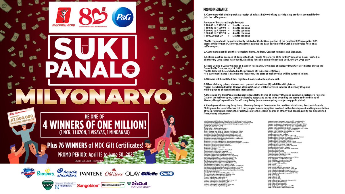 🎉 Your Suki purchases could make you a MILLIONAIRE! 💸 
Join the Mercury Drug Suki Panalo Milyonaryo 2025 Raffle Promo and get a chance to win exciting prizes — including ₱1 MILLION in cash! 💰✨
Promo Period: April 15 to June 30, 2025
Per DOH-FDA-CDRR Permit No. 0324 s. 2025