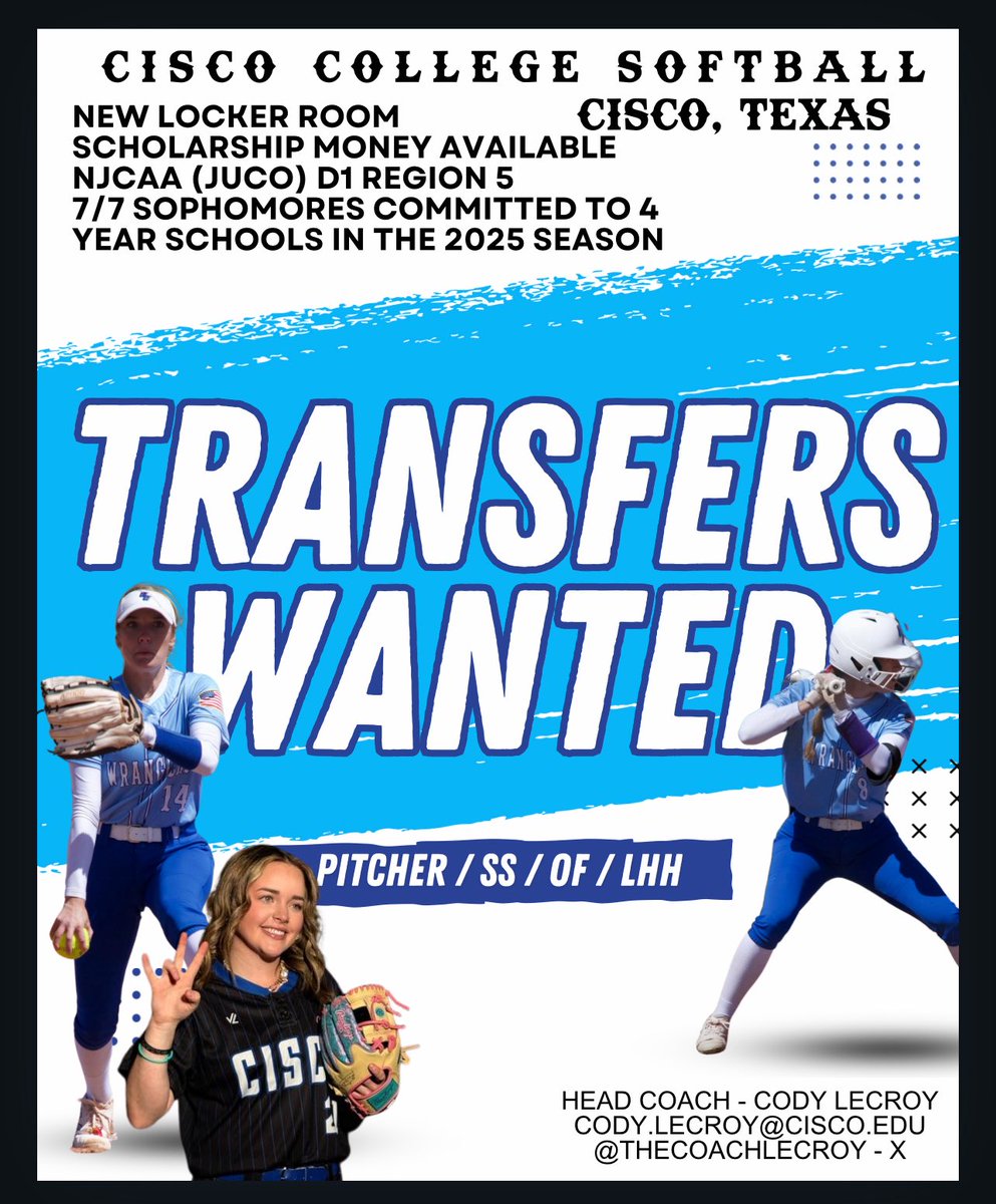 Cisco College Softball (@ciscocollegesb) on Twitter photo 🚨TRANSFERS WANTED🚨
Cisco College (Cisco, Tx) is ISO transfers to finish out our Fall roster!
💰Available
Small Roster size
New locker room & team room
7/7 Soph. Committed to 4yrs in ‘25 season
<a href="/TheCoachLeCroy/">The Coach LeCroy🥎</a>
📧 cody.lecroy@cisco.edu
<a href="/D1Softball/">D1Softball</a>
<a href="/SoftballPortal/">Softball Portal</a> 🚨TRANSFERS WANTED🚨
Cisco College (Cisco, Tx) is ISO transfers to finish out our Fall roster!
💰Available
Small Roster size
New locker room & team room
7/7 Soph. Committed to 4yrs in ‘25 season
<a href="/TheCoachLeCroy/">The Coach LeCroy🥎</a>
📧 cody.lecroy@cisco.edu
<a href="/D1Softball/">D1Softball</a>
<a href="/SoftballPortal/">Softball Portal</a>