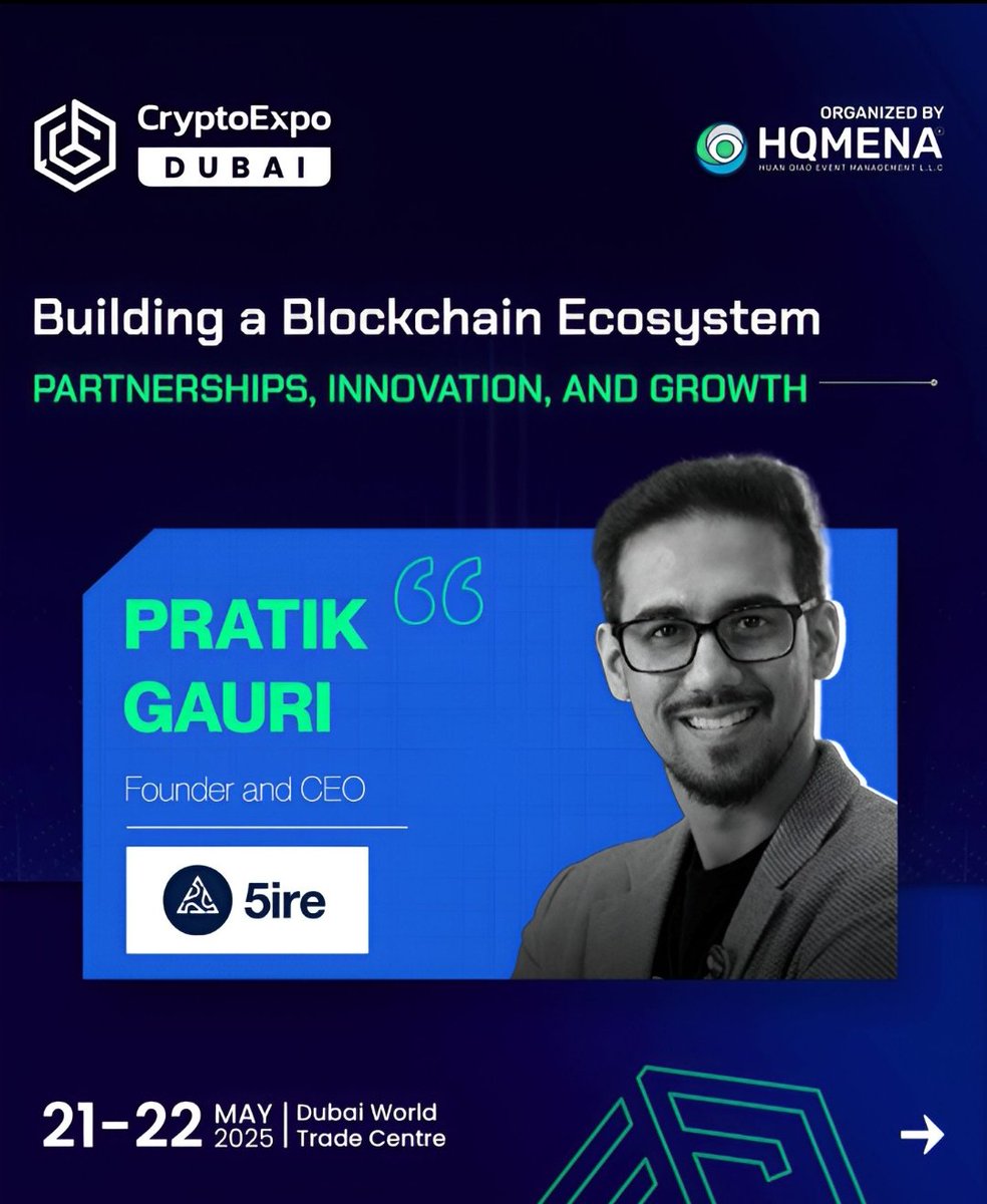 livewith5ire's tweet image. Date’s almost here!
May 21–22 | Dubai — 5ire takes the stage at Crypto Expo.
Join @pratikgauri as he shares the vision of sustainable innovation in Web3.

#5ireChain #CryptoExpoDubai #FutureOfBlockchain