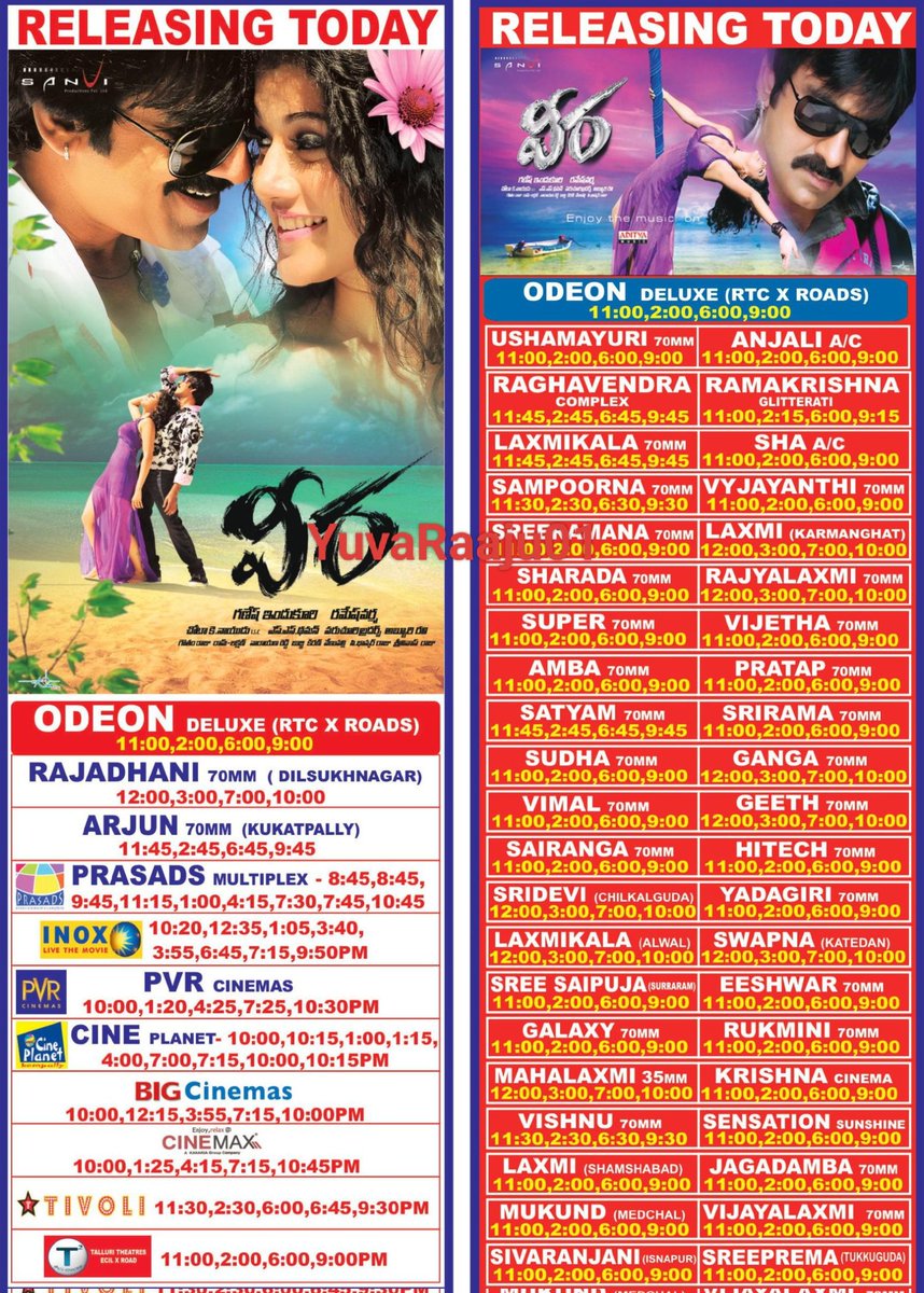 YuvaRaaju01's tweet photo. #14YearsForVeera
Starring: @RaviTeja_offl
Watched in RAJ 70MM, VIJAYWADA
Hyd - ODEON DELUXE - 42Days RUN Replaced with #180
Secbad - TIVOLI - 14Days RUN Replaced with #Bablu https://t.co/yH8fCqo8yd