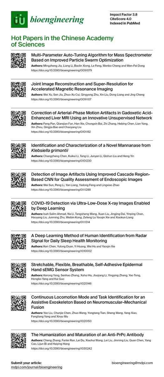 Bioeng_MDPI's tweet photo. 🌟 Hot Papers in the Chinese Academy of Sciences

The publications can be accessed via the QRs. 🤝

#Image_Reconstruction #Motion #Liver #MRI #CNN #Endoscopic_Images #COVID19 #Xray #Deep_Learning #Sleep #Health_Monitoring #sEMG #Sensor #Exoskeleton #Neuromuscular #Antibody https://t.co/P8lV6nVaVv