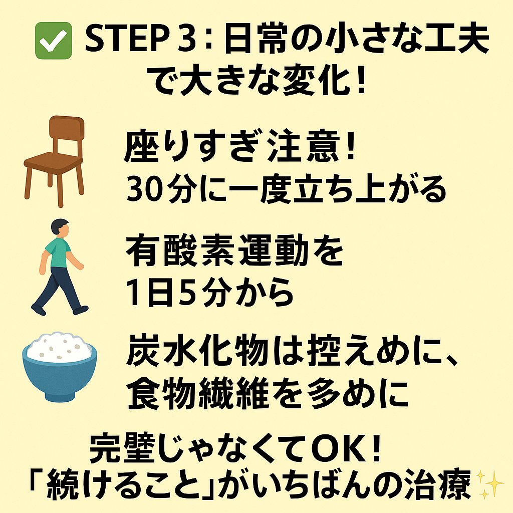 📉「血糖値が高い」と言われたけど…何すればいいの？
👉放置すると糖尿病＆合併症のリスク大💥
🔽まず知るべきはこの3つ！
① ヘモグロビンA1cは6.5%未満を目指す
② 筋肉を増やして脂肪を減らす
③ 座りすぎを減らし、週2〜3回の筋トレ習慣！

🙌「できることから、続ける」がカギ！
#血糖値対策