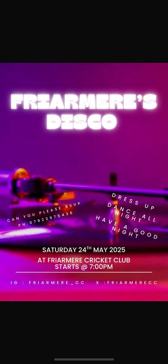 The first event of the season is THIS Saturday at FCC😆

📅 24/05
⏰ 19:00
📍 Slack Lane, OL3 5TU

Bring your dance moves and enjoy our very own Aaron Offers tunes til late 🪩