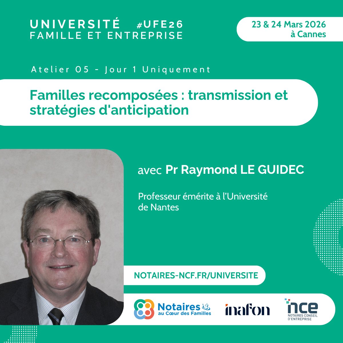 [UNIVERSITE FAMILLE &amp; ENTREPRISE 2026] #UFE26

✨ Atelier 05 : Familles recomposées : transmission et stratégies d'anticipation 🚀

📆 23 &amp; 24 Mars 2026
📍 Hôtel Barrière Le Majestic &amp; Gray d'Albion à Cannes

Places limitées ➡️ Inscrivez-vous maintenant : notaires-ncf.fr/universite/