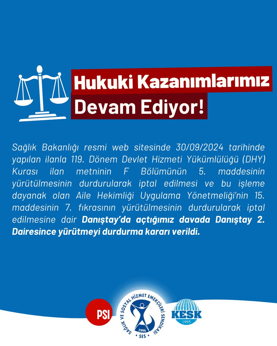 ⚖️Hukuki Kazanımlarımız Devam Ediyor

Sağlık Bakanlığı resmi web sitesinde 30/09/2024 tarihinde yapılan ilanla 119. Dönem Devlet Hizmeti Yükümlülüğü (DHY) Kurası ilan metninin F Bölümünün 5. maddesinin yürütülmesinin durdurularak iptal edilmesi ve bu işleme dayanak olan Aile
