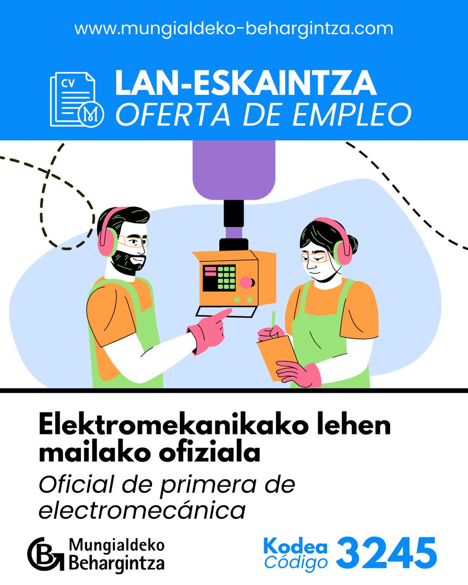 📣LAN-ESKAINTZA | OFERTA DE EMPLEO📣
Elektromekanikako lehen mailako ofiziala 👩‍🔧💧👨‍🔧 Oficial de primera de electromecánica
Kodea: 3245

👉 labur.eus/brcrcffq

#laneskaintza #ofertadetrabajo #lana #trabajo #curriculumvitae #MungialdekoBehargintza #BehargintzaMungia