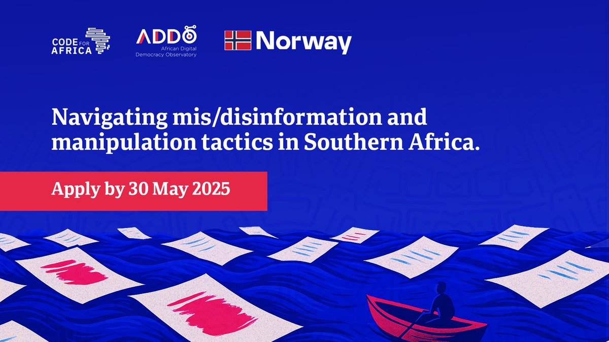 Code for Africa (@code4africa) on Twitter photo Calling all journalists, fact-checkers and digital sleuths in Southern Africa!
<a href="/Code4Africa/">Code for Africa</a>, in partnership with <a href="/NorwayMFA/">Norway MFA</a>, is offering a free six-week online course on fighting disinformation and defending human rights.
🗓️ Apply by 30 May
🔗 bit.ly/3GZD3LD Calling all journalists, fact-checkers and digital sleuths in Southern Africa!
<a href="/Code4Africa/">Code for Africa</a>, in partnership with <a href="/NorwayMFA/">Norway MFA</a>, is offering a free six-week online course on fighting disinformation and defending human rights.
🗓️ Apply by 30 May
🔗 bit.ly/3GZD3LD