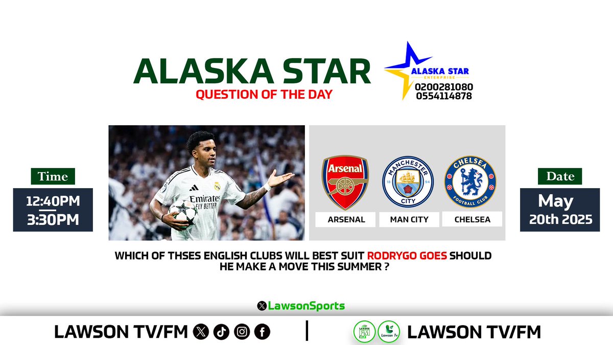 LAWSONSPORTS_'s tweet photo. QUESTION OF THE DAY!!

WHICH OF THESE ENGLISH CLUBS WILL BEST SUIT RODRYGO SHOULD
HE MAKE A MOVE THIS SUMMER?🤔

A. ARSENAL
B. MAN CITY
C. CHELSEA

COMMENT WITH THE HASHTAG #LawsonSports FOR VALIDITY.🔥🔥🔥 https://t.co/yp1HzXqdk7