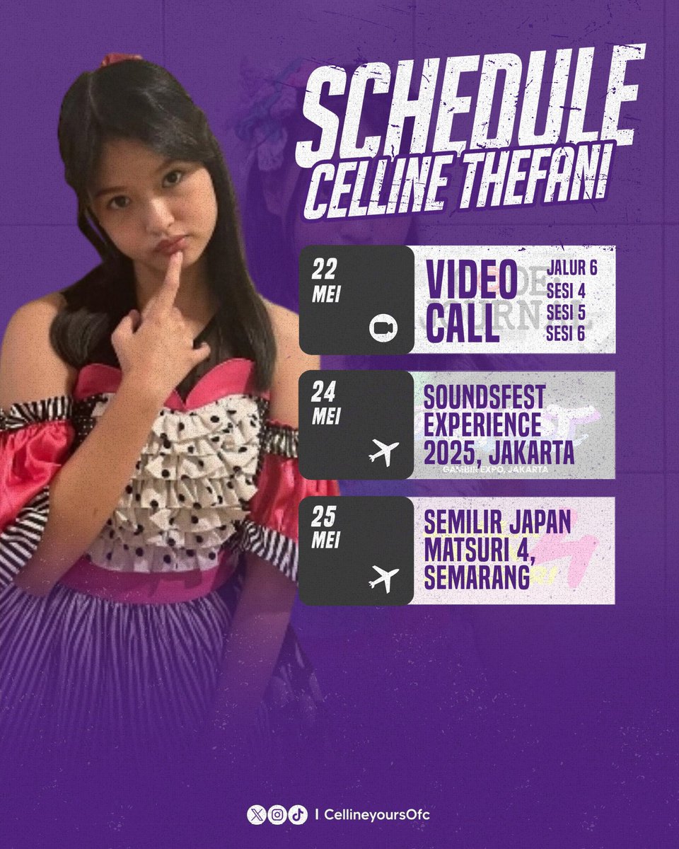 Holla Lavenderian 🪻

Berikut adalah jadwal nona <a href="/Elin_JKT48/">Celline Thefani</a> pada minggu ini.

Ada VC di hari Kamis, ada off-air di hari Sabtu dan Minggu. 

Mohon dukunganya buat nona Elin 💜

#LaveCall 
#JadwaLin
