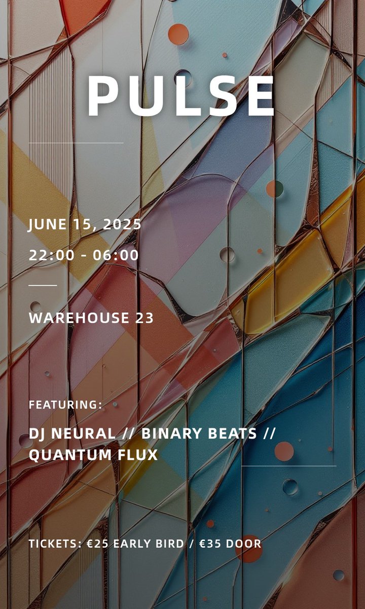 dj_audiostatic's tweet photo. Mock-up created with @lovart_ai💥 Get ready to PULSE. 💥 A night of immersive electronic music, shattered visuals, and a vibe you won't forget. 🟦🟧🟪 Prepare to be transported. #PulseEvent #ElectronicMusic #AbstractArt #ImmersiveExperience #Techno #HouseMusic #NewMusic Thanks,@lovart_ai !