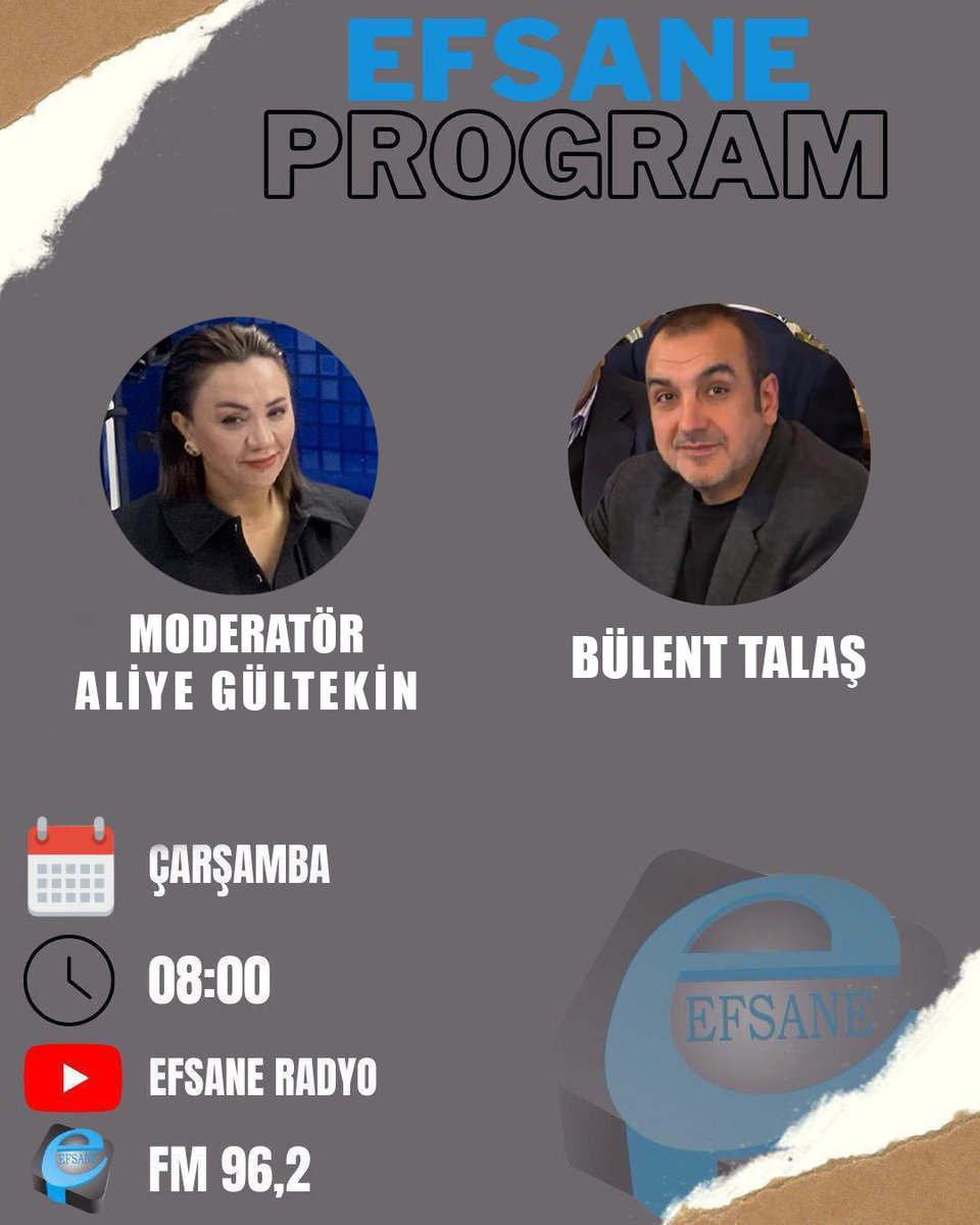 #EFSANEProgram!
 
Gündem, siyaset, ekonomi ve hayatı paylaşmak ve dertleşmek için her Çarşamba sabahı yine sizinle birlikte!

Gazeteciler;
<a href="/aliyegultekin/">Aliye gultekin</a> 
<a href="/Bulent_talas/">Bülent Talaş</a> yine gündemi belirliyor.

⏳Çarşamba
🕗 08.00
📍<a href="/01_radyo/">EFSANE RADYO</a> 

<a href="/AhmetDuranCag/">Ahmet Duran Çağ 🇹🇷</a>