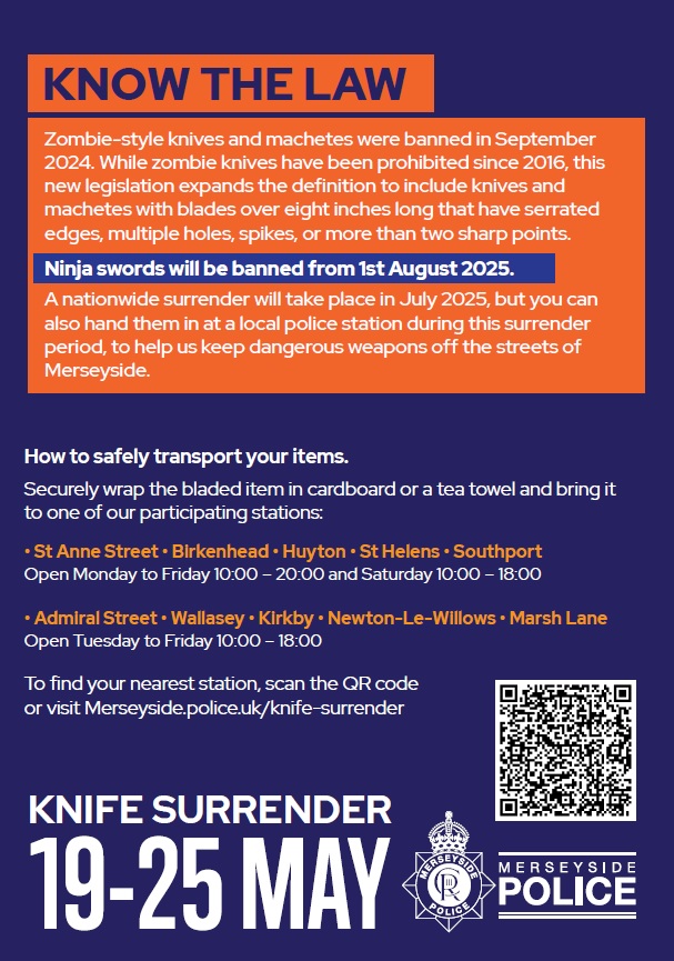 We know that carrying a knife puts you at risk of a serious or fatal injury. 

We are committed to creating violence-free communities in Merseyside, ensuring better life choices for young people and their families.

Work to tackle &amp; prevent knife crime goes on all year round but