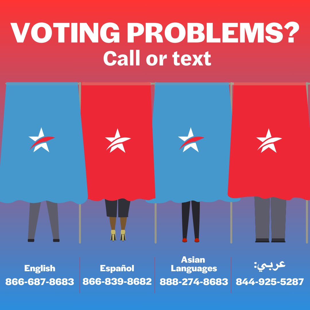 commoncausepa's tweet image. If you have any voting problems, questions, or issues to report, please text or call the non-partisan voter helpline at 866-OUR-VOTE:
English 866-OUR-VOTE 866-687-8683
Spanish 888-VE-Y-VOTA 888-839-8682
Asian Languages 888-API-VOTE 888-274-8683
Arabic 844-YALLA-US (844-925-5287