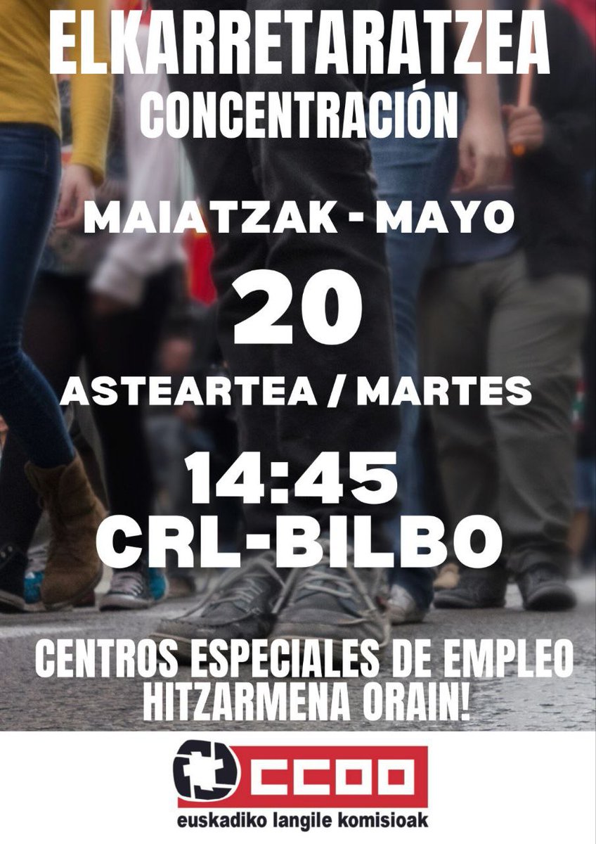 🔴Elkarretaratzea egingo dugu gaur Bilbon. Argi eta garbi azaldu nahi diogu patronalari, beharrezkoa dela hitzarmen duin bat lan zentru berezientzat.
🔴Convenio justo para los centros especiales de empleo YA!