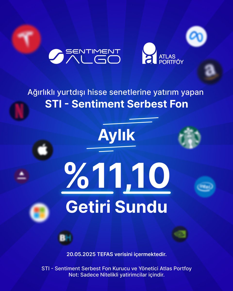 Global piyasalardaki fırsatları değerlendiren STI - Sentiment Serbest Fon, yatırımcılarına sunduğu aylık %11,10 getiri ile öne çıkıyor! 📈

Ağırlıklı olarak yurt dışı hisse senetlerine yatırım yapan ve Atlas Portföy tarafından kurulan ve yönetilen fonumuzla, piyasa