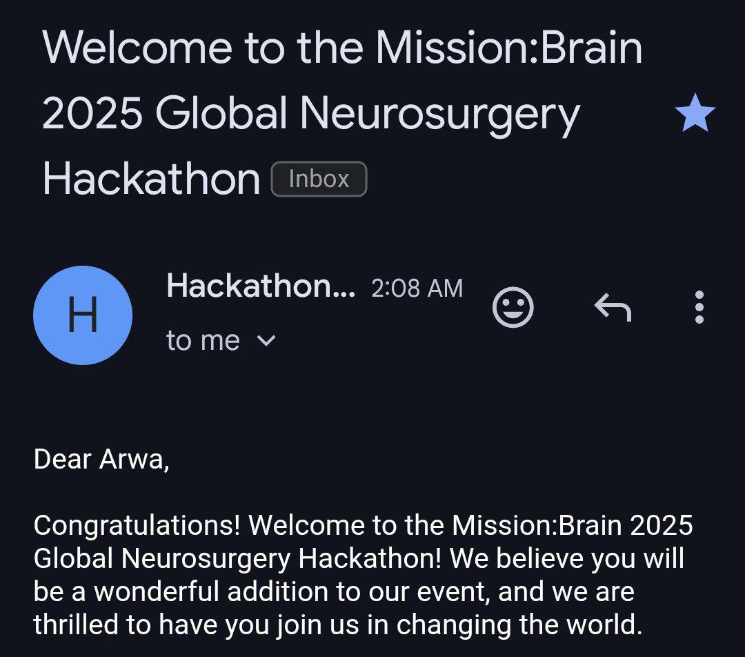 Thrilled to share that I’ve been selected to join the Mission:Brain2025 Global Neurosurgery Hackathon! 
Excited to collaborate with innovators from around the world and contribute to shaping the future of neurosurgery. Let’s change the world one idea at a time!  #MissionBrain2025