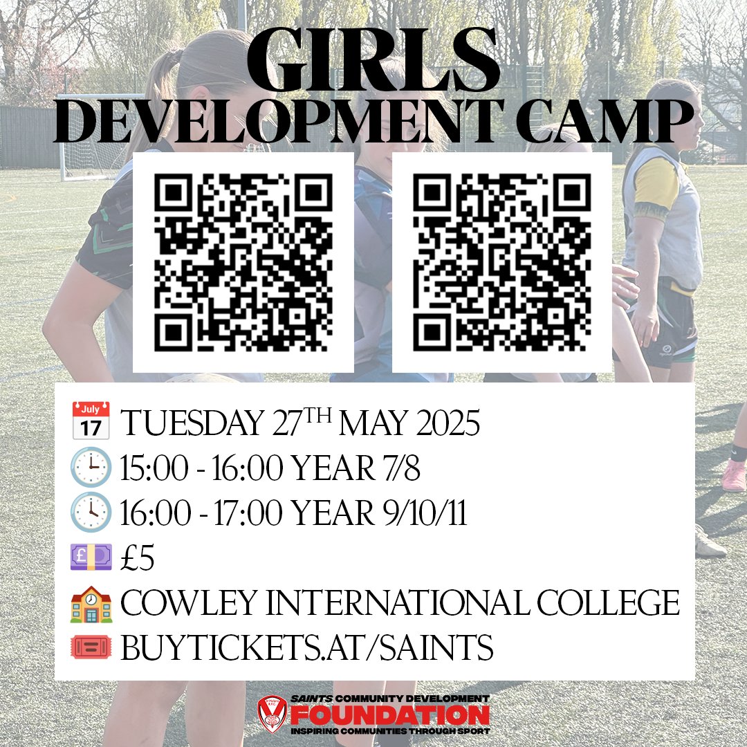 Saints Community Development Foundation (@communitysaints) on Twitter photo π§ Girls Development Camps take place at Cowley on Tuesday
Fancy becoming the next <a href="/saints1890women/">St.Helens Women</a> star? You won't have a better chance to impress the coaches!
Year 7/8 ‡οΈ
ποΈ Tickettailor.com/events/saints/β¦
Year 9/10/11 ‡οΈ
ποΈ Tickettailor.com/events/saints/β¦
#Saintsandproud π§ Girls Development Camps take place at Cowley on Tuesday
Fancy becoming the next <a href="/saints1890women/">St.Helens Women</a> star? You won't have a better chance to impress the coaches!
Year 7/8 ‡οΈ
ποΈ Tickettailor.com/events/saints/β¦
Year 9/10/11 ‡οΈ
ποΈ Tickettailor.com/events/saints/β¦
#Saintsandproud
