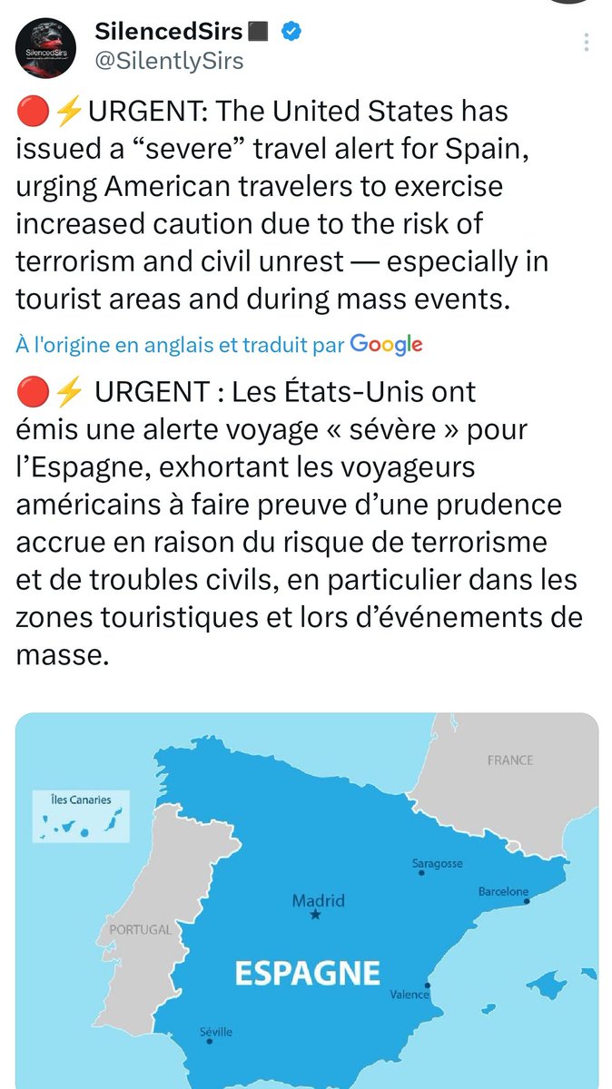 - acte 1: l'#Espagne reconnait l'état palestinien et appelle à des sanctions contre #Israel à cause du génocide en cours à #Gaza:

- acte 2:

* Grosse panne électrique inédite 

* Panne généralisée des réseaux télécoms 

* US alerte sur une grosse attaque terroriste en Espagne