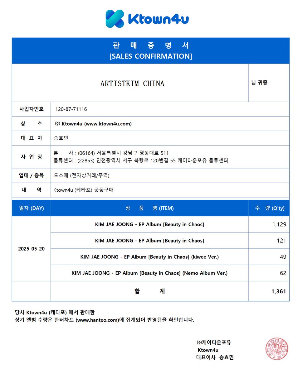 ARTISTKIM0126's tweet image. ARTISTKIM CHINA

🎸#Beauty_in_Chaos 
📄SALES CONFIRMATION 

📅2025.05.20
💽TOTAL——[11111]✅

1⃣️StarRiver&amp;gt;[7701]
2⃣️KTOWN4U&amp;gt;[1361]
3⃣️YETIMALL&amp;gt;[1129]
4⃣️Pinky&amp;gt;[507]
5⃣️熊宝&amp;gt;[413]

@bornfreeonekiss 🫶

#金在中 #ROCK_STAR 
#김재중 #재중 #KIMJAEJOONG
#JAEJOONG #ジェジュン