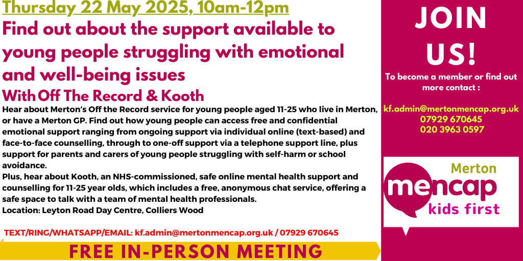 Merton Mencap (@mertonmencap) on Twitter photo ❗️Don't forget to join us THIS Thursday, 10am, in-person❗️
Find out about free, safe, emotional support services for 11-25 year olds🧠💭
Ask your questions, share your experiences with other parents/carers & more!
BOOK by text or phone:
07929 670645
kf.admin@mertonmencap.org.uk ❗️Don't forget to join us THIS Thursday, 10am, in-person❗️
Find out about free, safe, emotional support services for 11-25 year olds🧠💭
Ask your questions, share your experiences with other parents/carers & more!
BOOK by text or phone:
07929 670645
kf.admin@mertonmencap.org.uk