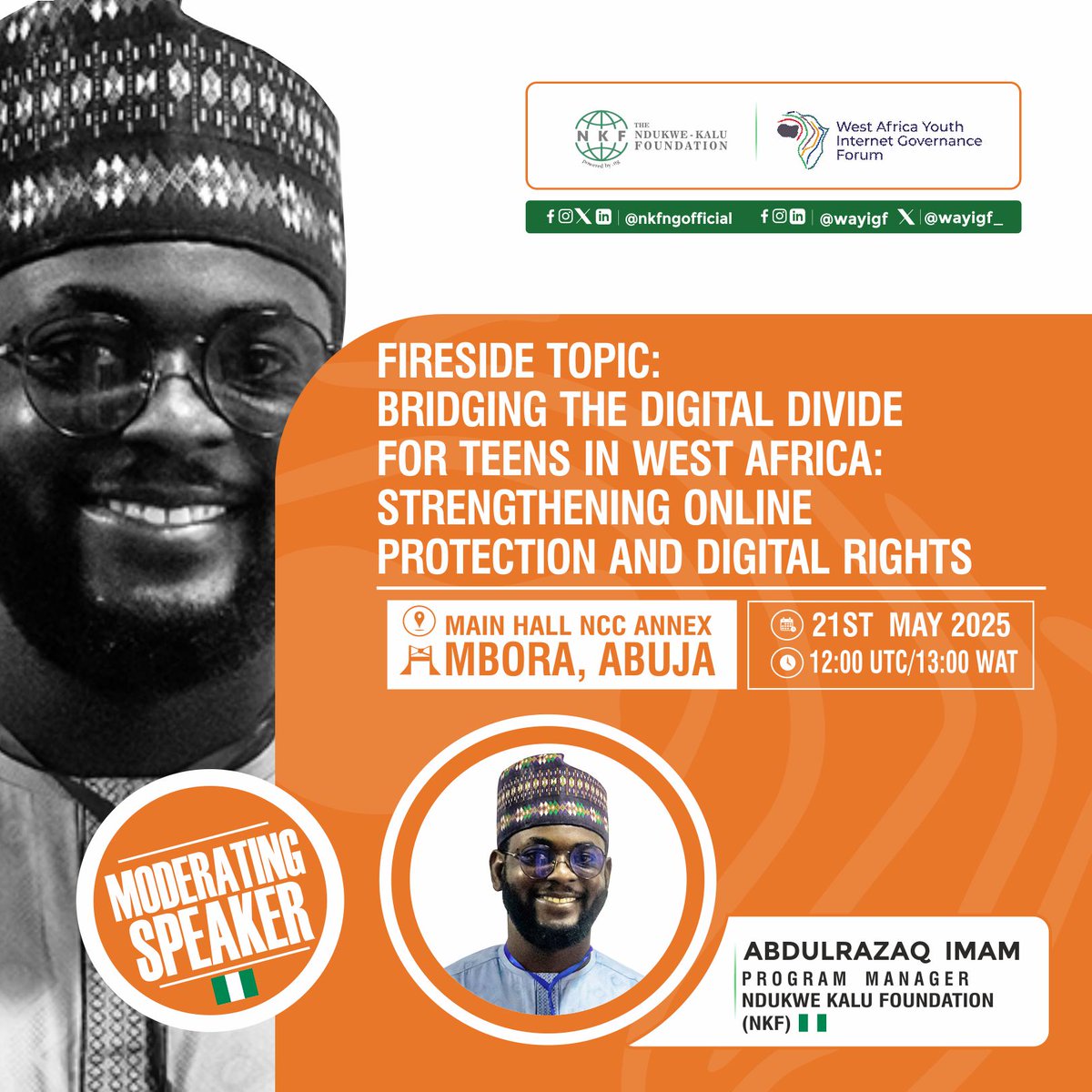 Ndukwe Kalu Foundation (@nkfngofficial) on Twitter photo Meet Our Moderating Speaker — Abdulrazaq Imam
Program Manager, Ndukwe Kalu Foundation (NKF) <a href="/nkfngofficial/">Ndukwe Kalu Foundation</a>
Let’s give him a warm welcome as he moderates today’s session!
#WAYIGF #IGF2025 #NKF #ICT #Nigeria Meet Our Moderating Speaker — Abdulrazaq Imam
Program Manager, Ndukwe Kalu Foundation (NKF) <a href="/nkfngofficial/">Ndukwe Kalu Foundation</a>
Let’s give him a warm welcome as he moderates today’s session!
#WAYIGF #IGF2025 #NKF #ICT #Nigeria