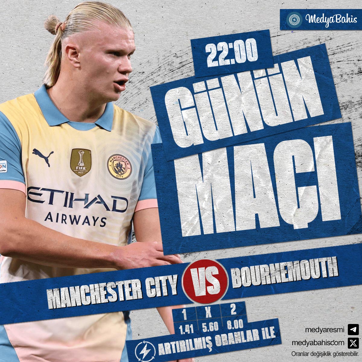 🏆 Medya'da Günün Maçı!
⚽ Manchester City❌Bournemouth
👉 cutt.ly/3eUUNOPy
🎁 %100 Risksiz Bahis ile Medya'da!