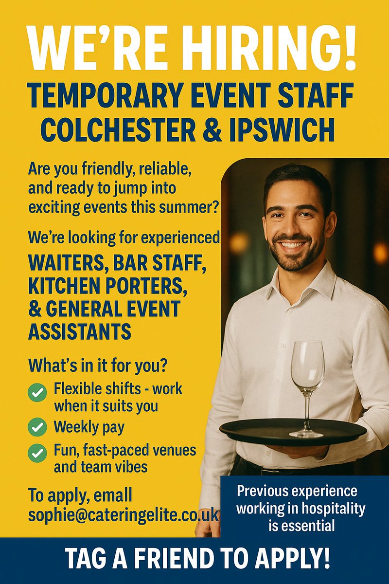 🎉 WE’RE HIRING! 🎉
TEMPORARY EVENT STAFF – COLCHESTER &amp; IPSWICH

Are you friendly, reliable, and ready to jump into exciting events this summer?
We’re looking for experienced waiters, bar staff, kitchen porters, and general event assistants to join our team for a variety of fun