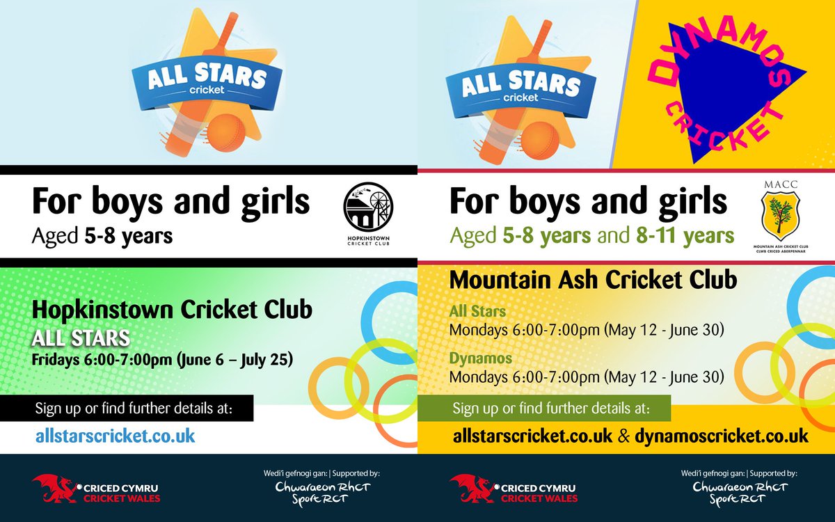 Chwaraeon RhCT | Sport RCT (@sportrct) on Twitter photo 🏏Is your child looking to try cricket this summer?
Check out the ALL STARS & DYNAMOS CRICKET programmes, for boys and girls ages 5-8 and 8-11 years. The programmes are running at clubs across RCT.
SIGN UP at allstarscricket.co.uk & dynamoscricket.co.uk
<a href="/RCTCouncil/">RCT Council</a> 🏏Is your child looking to try cricket this summer?
Check out the ALL STARS & DYNAMOS CRICKET programmes, for boys and girls ages 5-8 and 8-11 years. The programmes are running at clubs across RCT.
SIGN UP at allstarscricket.co.uk & dynamoscricket.co.uk
<a href="/RCTCouncil/">RCT Council</a>
