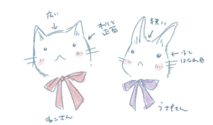 うさぎさんは耳と耳との間が狭くて、猫さんは広め。 うさぎさんの目は少し離れ目(多くの野鳥と似ている)だけど、猫さんはわりと正面(梟とかと似ている) 私は動物を描くと何でも猫になる呪いにかかっているので、意識して気をつけているところ。