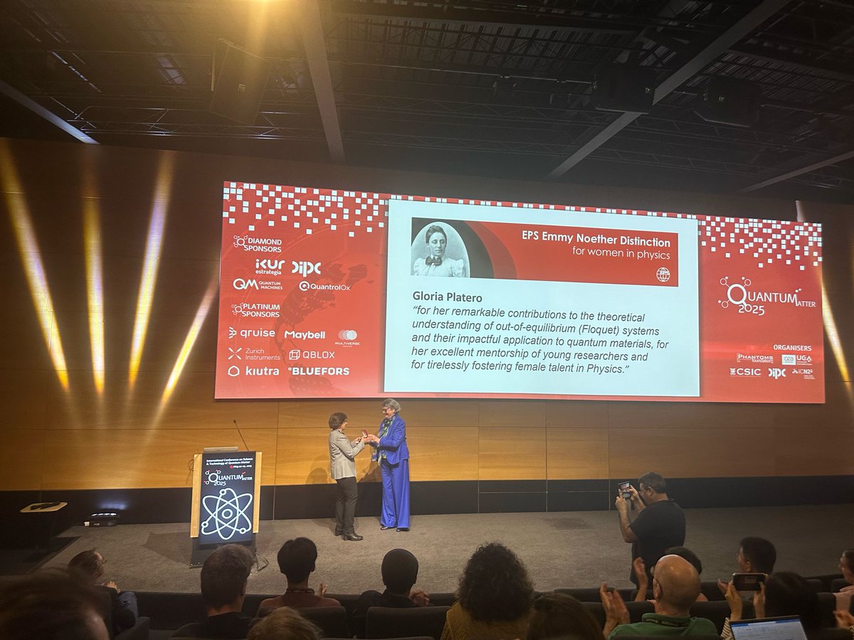 Instituto de Ciencia de Materiales Madrid - CSIC (@icmm_csic) on Twitter photo 🏅Gloria Platero receives the #EmmyNoether Distinction from the <a href="/EuroPhysSoc/">European Physical Society (EPS)</a> at the <a href="/QuantumConf/">QUANTUM MATTER CONFERENCE</a>
👏 Congratulations! 🏅Gloria Platero receives the #EmmyNoether Distinction from the <a href="/EuroPhysSoc/">European Physical Society (EPS)</a> at the <a href="/QuantumConf/">QUANTUM MATTER CONFERENCE</a>
👏 Congratulations!