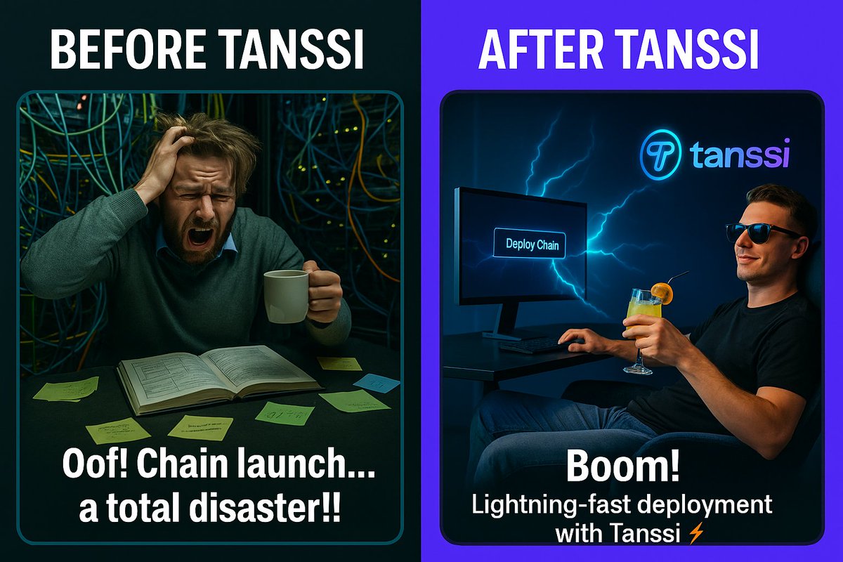 XChyma's tweet image. Before Tanssi:
Trying to launch a chain felt like assembling IKEA furniture blindfolded โ with fire.
After Tanssi:
Deploying a chain in minutes, like a pro โ smooth, fast, and drama-free.
Thanks to Tanssi, itโs plug-and-play, not pray-and-pray.
#Tanssi #AppChains #ModularMagic
