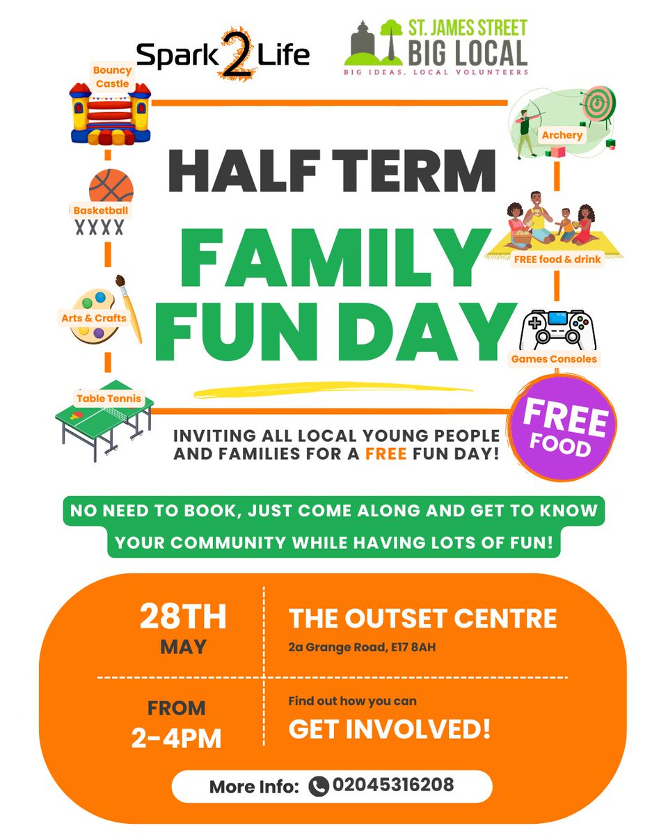 Spark2Life (@spark2l) on Twitter photo ๐ FREE FAMILY FUN DAY! ๐
Join us on 28th May, 2โ4PM at The Outset Centre, E17 8AH.
๐ง Bouncy Castle
๐ฏ Archery
๐จ Arts & Crafts
๐ฎ Games Consoles
๐ FREE food & drinks!
No booking needed โ just come along!
๐ 02045316208
#HalfTermFun #FamilyFunDay #WalthamstowEvents #FreeEvent ๐ FREE FAMILY FUN DAY! ๐
Join us on 28th May, 2โ4PM at The Outset Centre, E17 8AH.
๐ง Bouncy Castle
๐ฏ Archery
๐จ Arts & Crafts
๐ฎ Games Consoles
๐ FREE food & drinks!
No booking needed โ just come along!
๐ 02045316208
#HalfTermFun #FamilyFunDay #WalthamstowEvents #FreeEvent